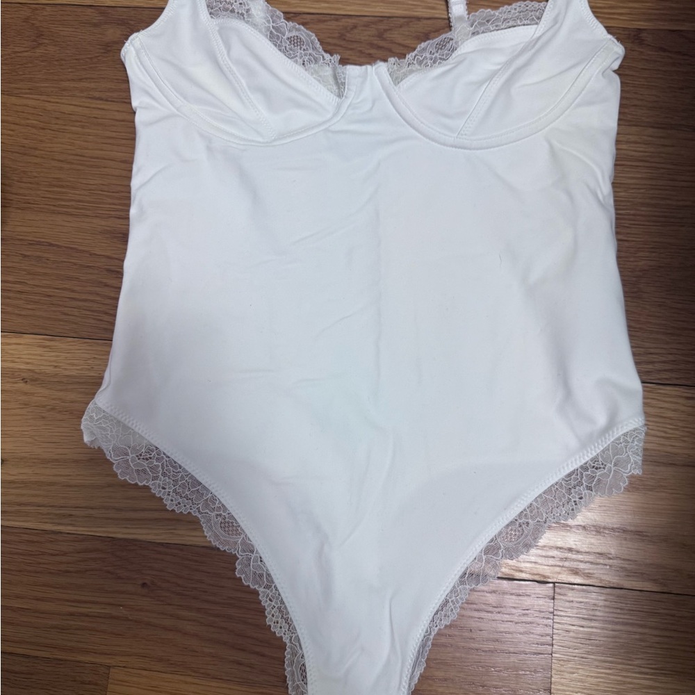 Free People White Bodysuit with Lace Trim
